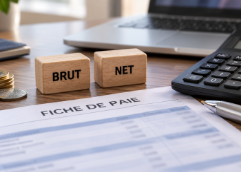 Fiche de paie, blocs brut et net, pièces et calculatrice sur un bureau.