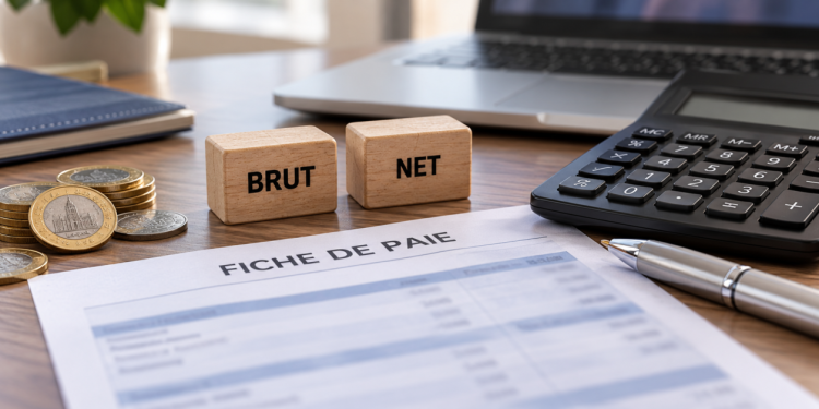 Fiche de paie, blocs brut et net, pièces et calculatrice sur un bureau.