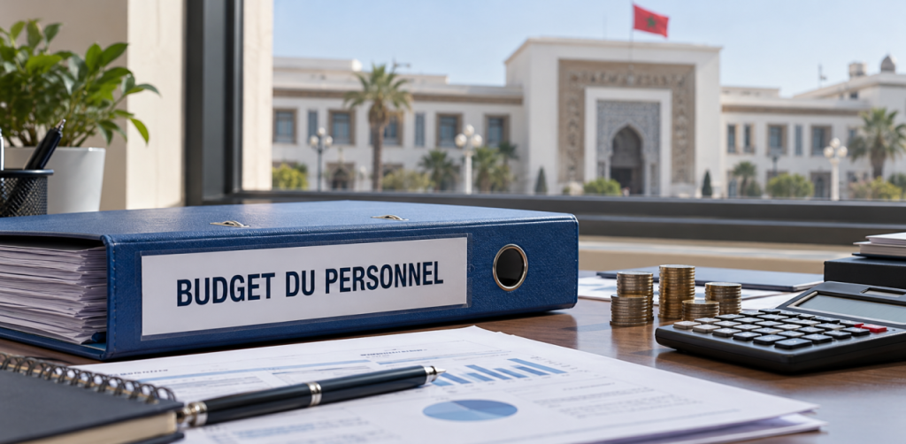 Classeur Budget du personnel et calculatrice devant un bâtiment administratif.