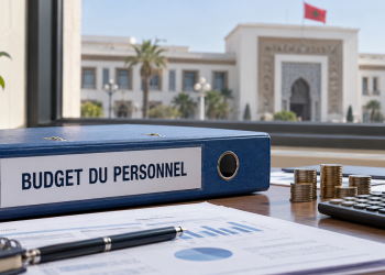 Classeur Budget du personnel et calculatrice devant un bâtiment administratif.