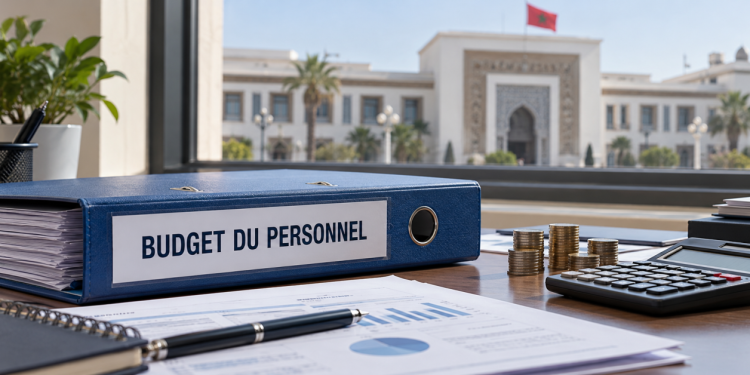 Classeur Budget du personnel et calculatrice devant un bâtiment administratif.
