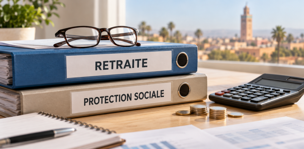 Dossiers Retraite et Protection sociale, lunettes et calculatrice.