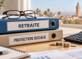 Dossiers Retraite et Protection sociale, lunettes et calculatrice.