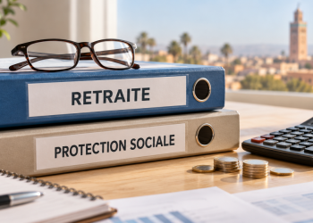 Dossiers Retraite et Protection sociale, lunettes et calculatrice.