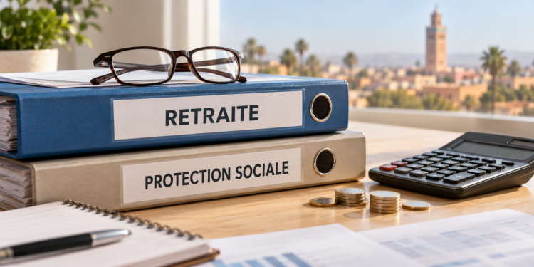 Dossiers Retraite et Protection sociale, lunettes et calculatrice.