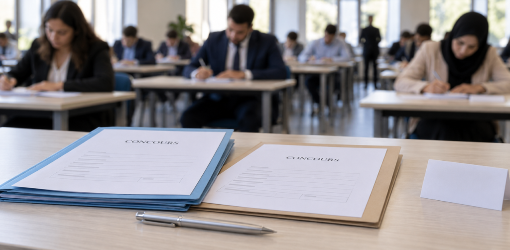 Dossiers de concours au premier plan et candidats dans une salle d’examen.