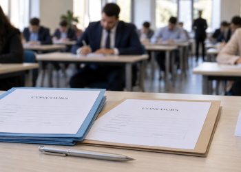 Dossiers de concours au premier plan et candidats dans une salle d’examen.