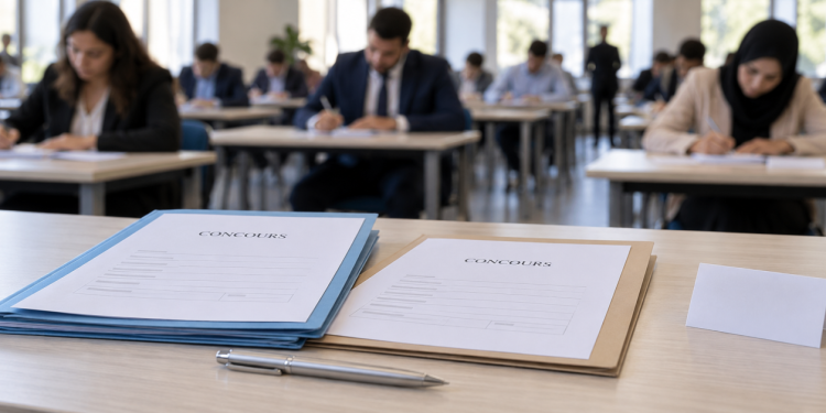 Dossiers de concours au premier plan et candidats dans une salle d’examen.