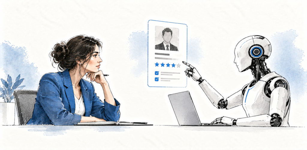 Une responsable RH analyse une candidature avec l'assistance d'une intelligence artificielle