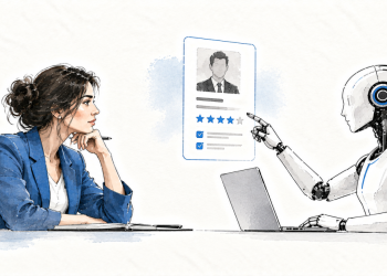 Une responsable RH analyse une candidature avec l'assistance d'une intelligence artificielle