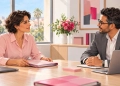 Une candidate et un recruteur échangent autour d’un dossier professionnel dans un bureau lumineux aux touches roses.