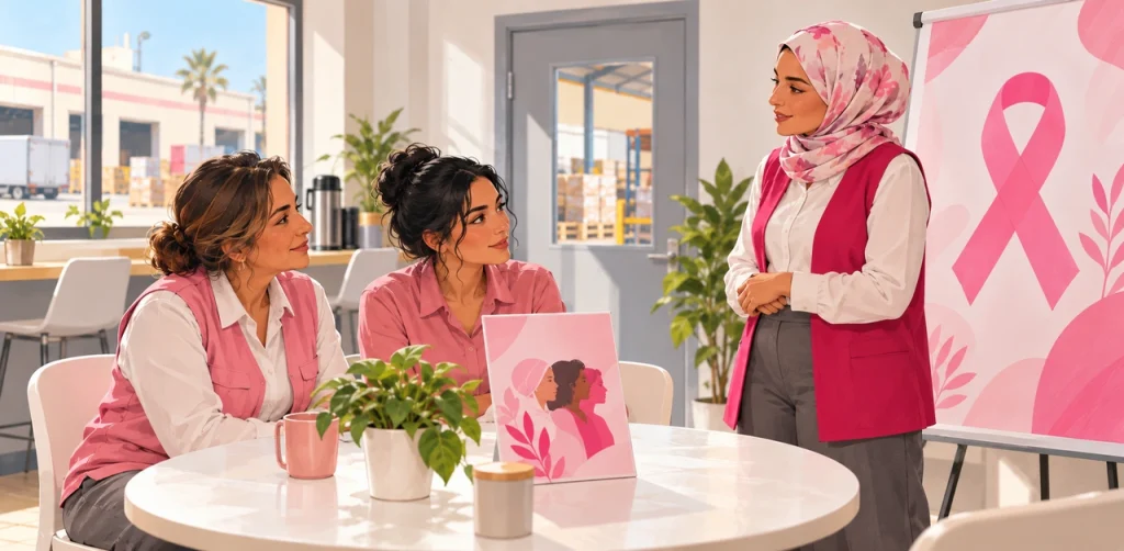 Deux collaboratrices assistent à une séance d’information dans une salle de pause d’un site logistique, avec une intervenante et des supports roses.