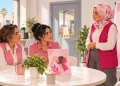 Deux collaboratrices assistent à une séance d’information dans une salle de pause d’un site logistique, avec une intervenante et des supports roses.