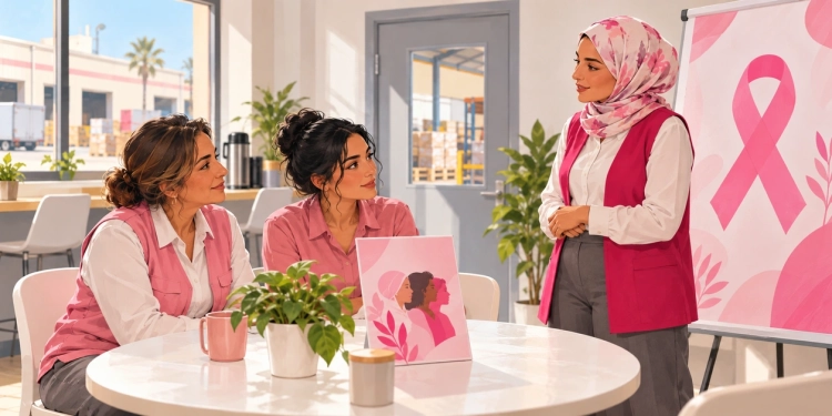 Deux collaboratrices assistent à une séance d’information dans une salle de pause d’un site logistique, avec une intervenante et des supports roses.