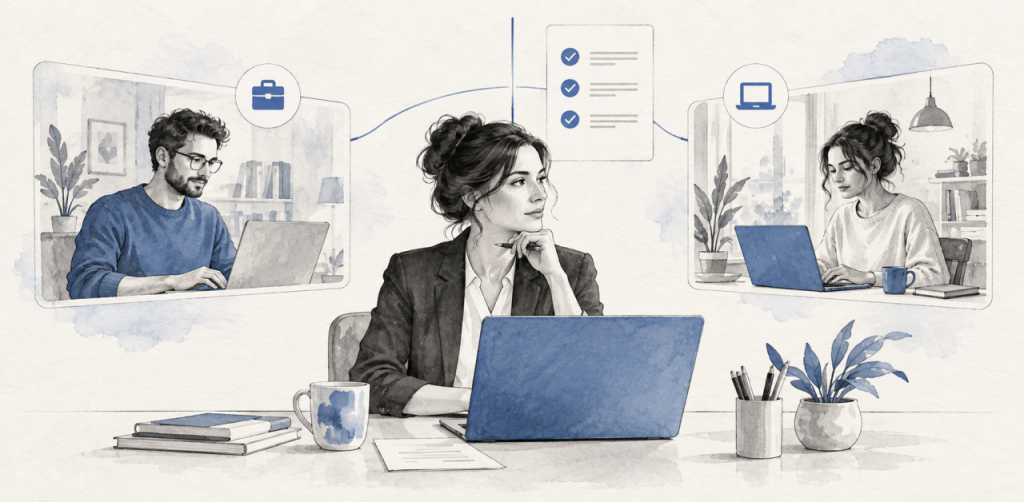 Une responsable RH coordonne le télétravail de salariés et de prestataires à distance
