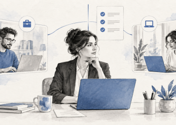 Une responsable RH coordonne le télétravail de salariés et de prestataires à distance