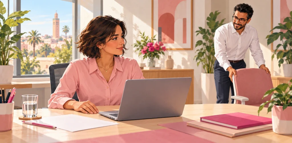 Une collaboratrice devant un ordinateur portable dans un bureau lumineux, tandis qu’un professionnel prépare une chaise.