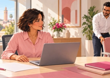Une collaboratrice devant un ordinateur portable dans un bureau lumineux, tandis qu’un professionnel prépare une chaise.