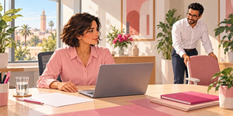 Une collaboratrice devant un ordinateur portable dans un bureau lumineux, tandis qu’un professionnel prépare une chaise.