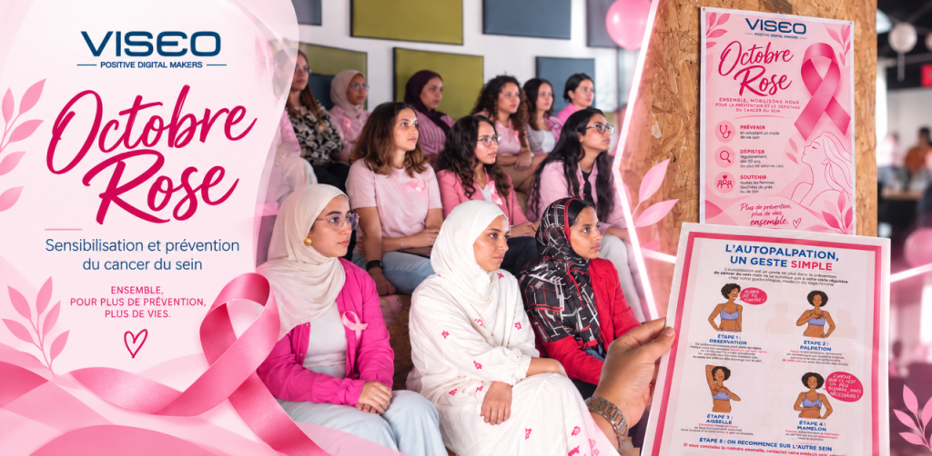 VISEO Maroc : collaboratrices réunies pour la sensibilisation Octobre Rose, affiche et support de prévention