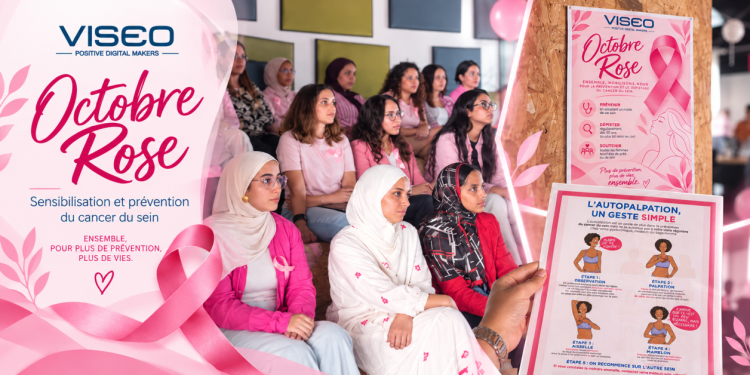 VISEO Maroc : collaboratrices réunies pour la sensibilisation Octobre Rose, affiche et support de prévention
